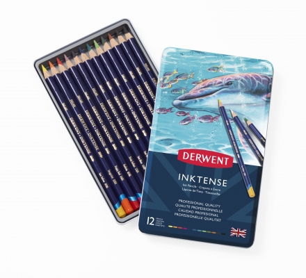 Creioane colorate Derwent Professional Inktense, cutie metalica, solubile in apa, 12 culori/set